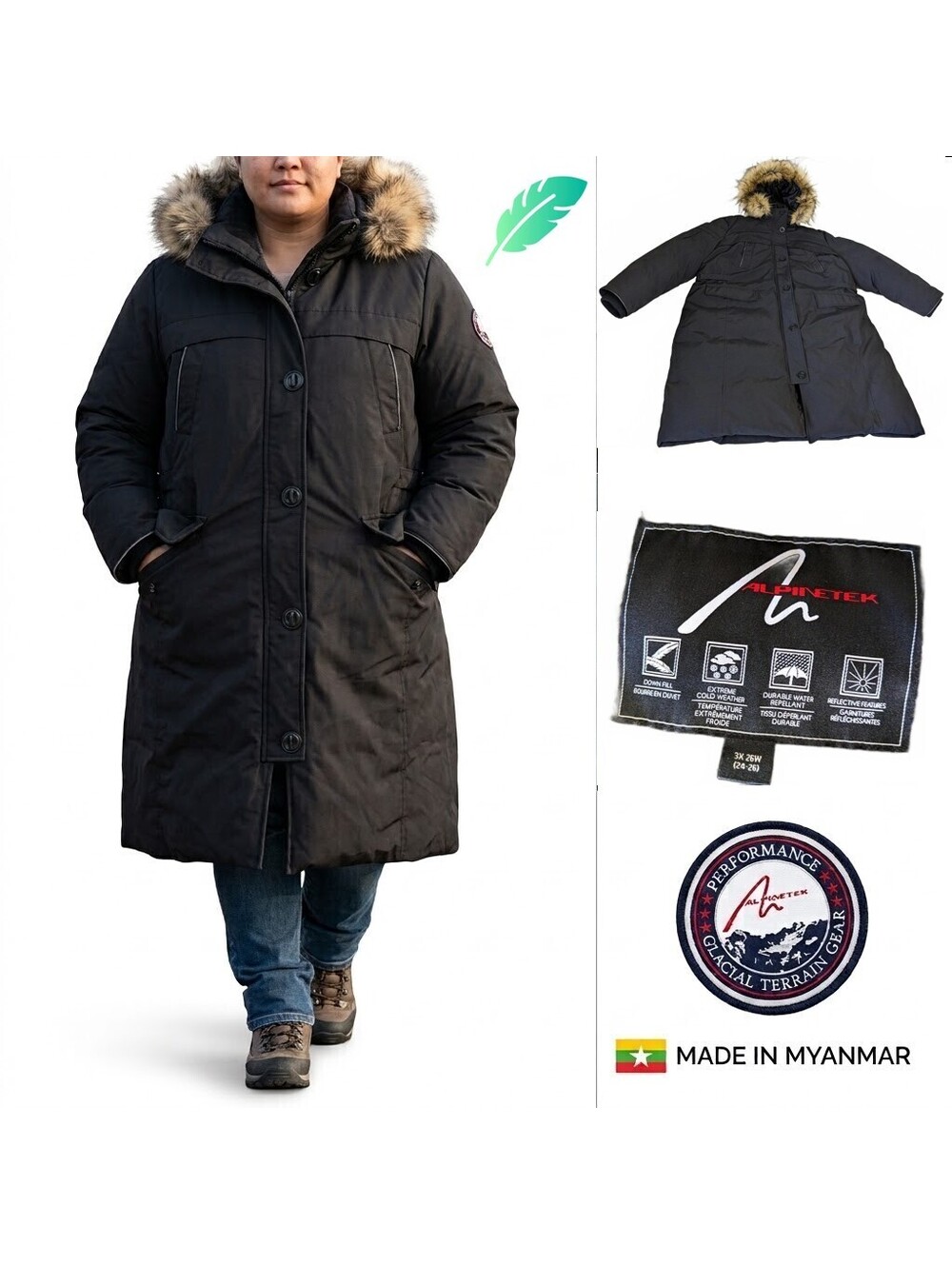 Alpinetek Women Parka Myanmar Long Down Black US 3X (26W)